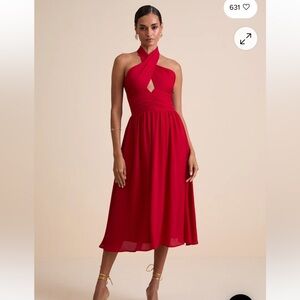 Lulu's Emrah Red Cross-Front Cutout Halter Midi Dress